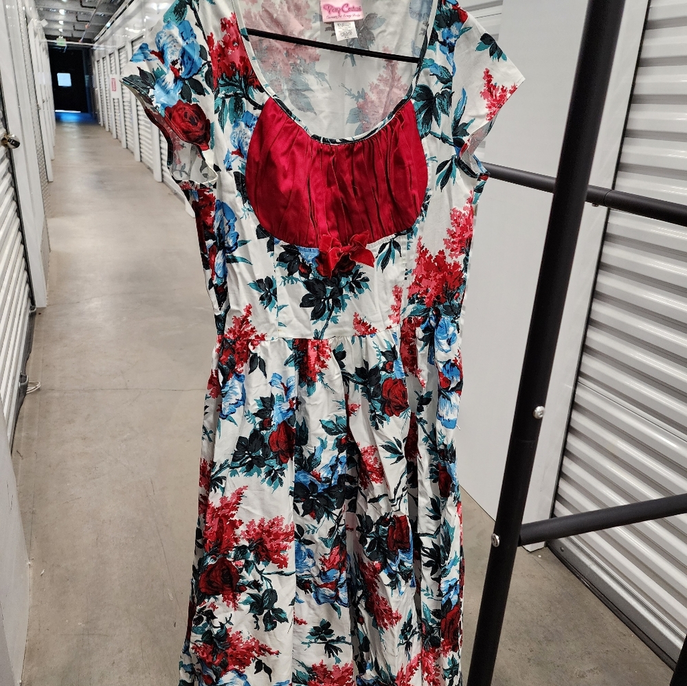 Pinup girl clothing Evelyn dress in red and blue floral. Size XL